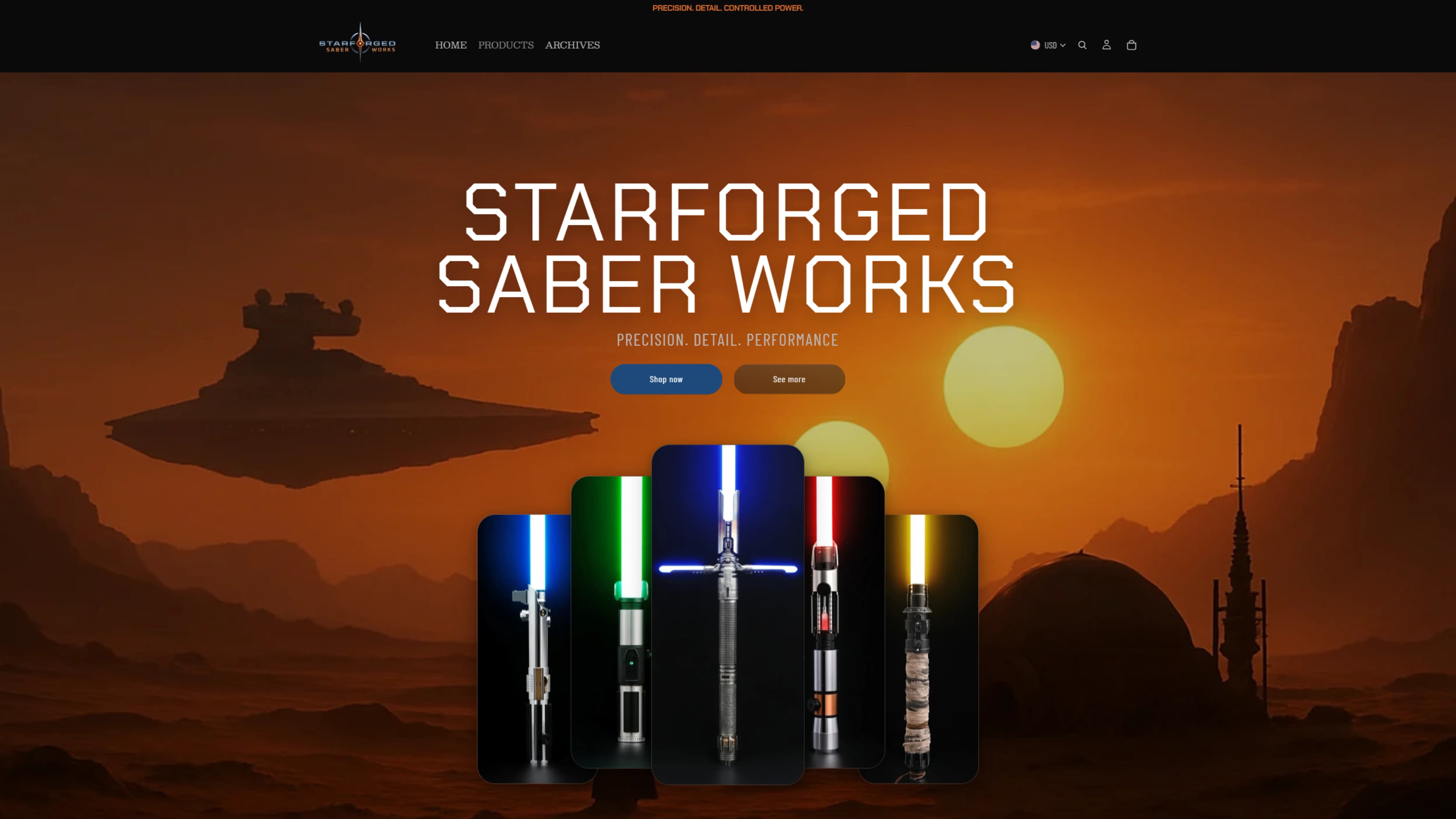 StarForged Saber Works website landing experience.